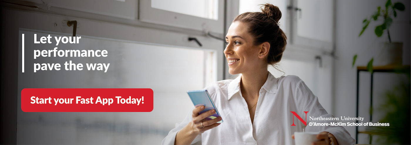 Woman smiling holding her cell phone and a coffee mug, link to start Online MBA Fast App