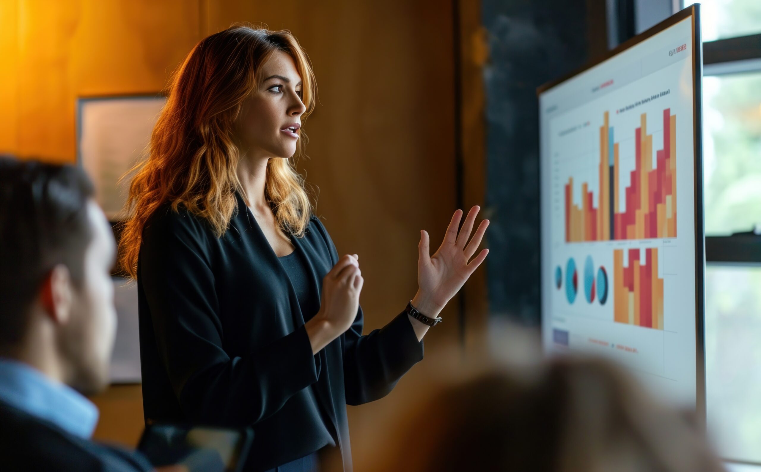 Professional woman presenting data analytics charts to a small team in a modern meeting room