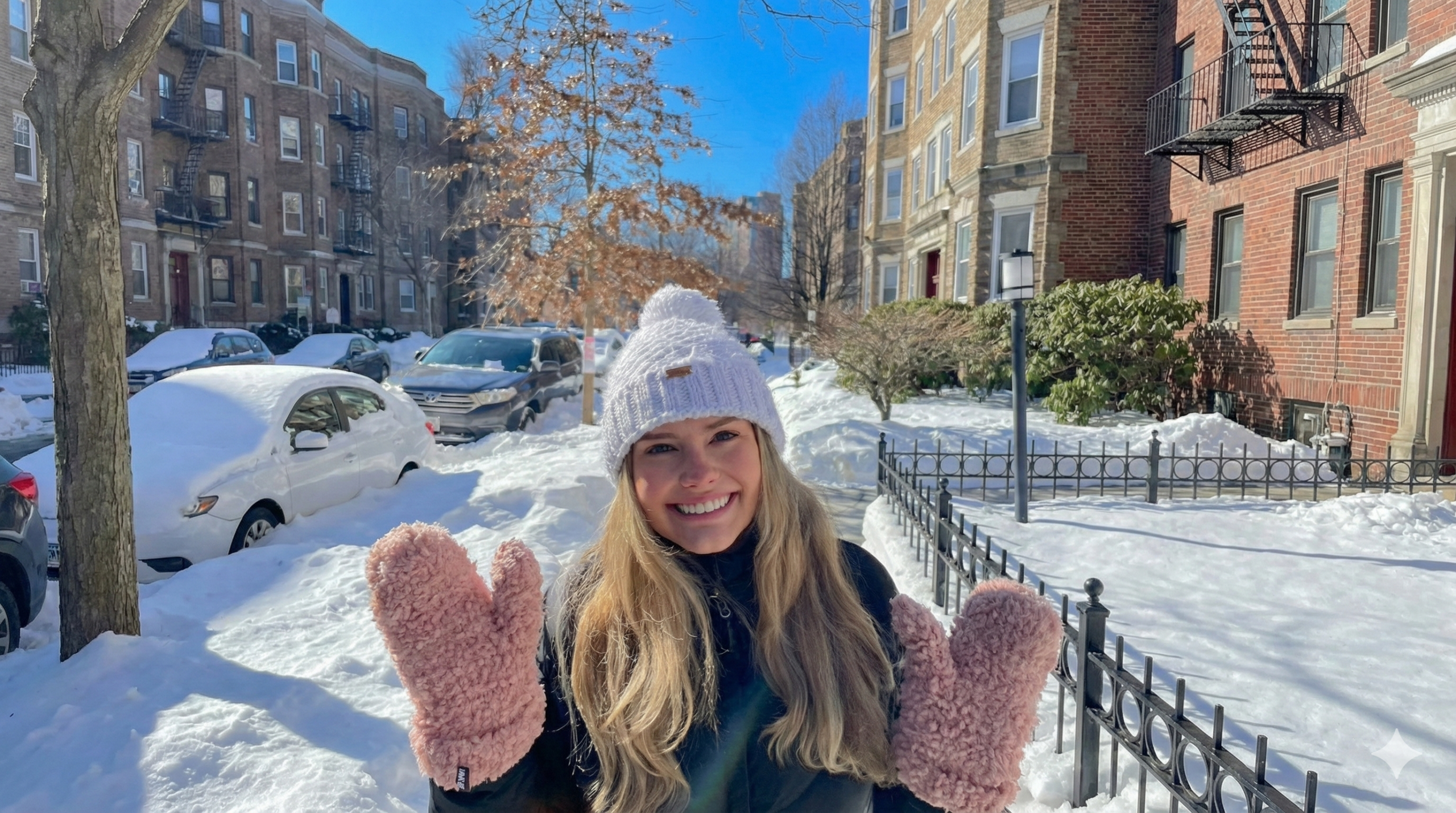 A woman walking through the snowy streets of Boston as she navigates her job as a healthcare professional with studying for her Online MBA