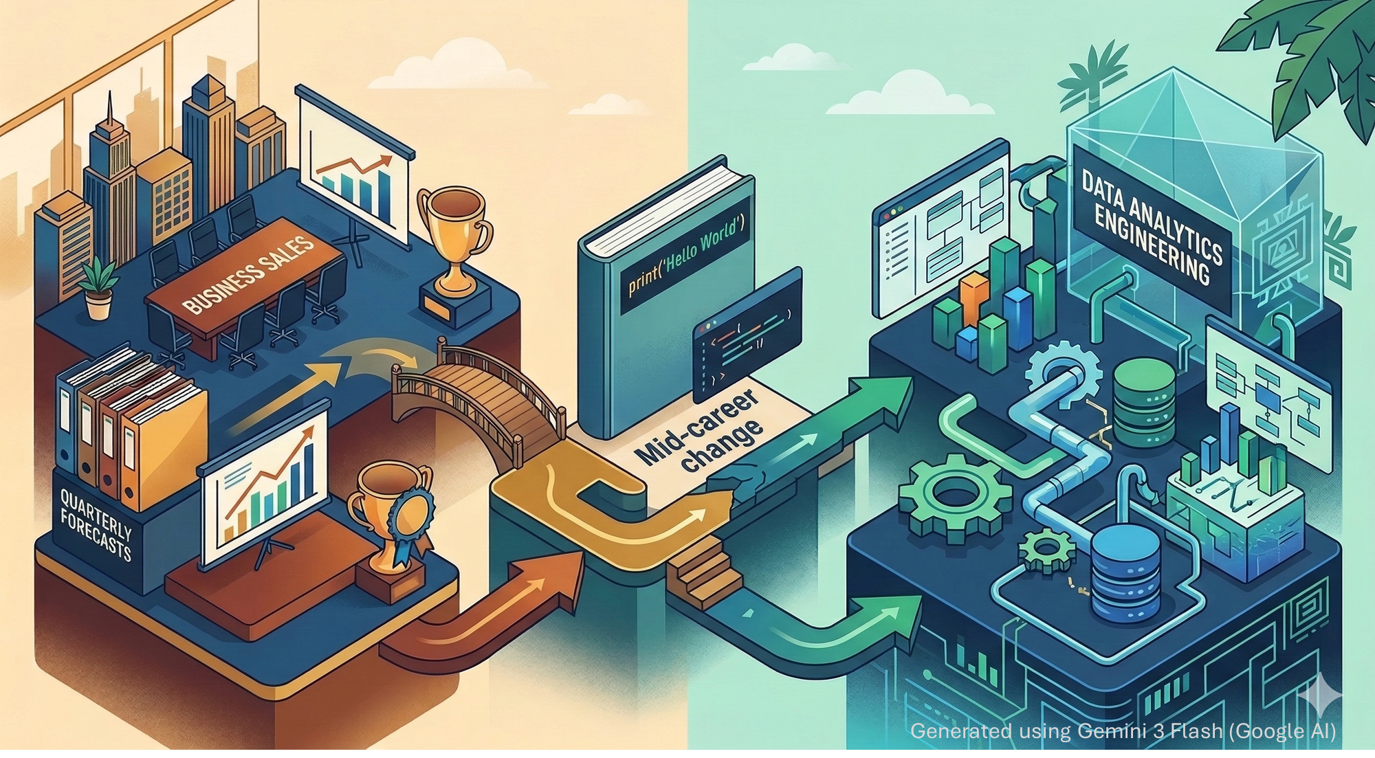 An illustration split into three panels to depict the author's career change journey. The left panel represents the business world, the middle panel represents a mid-career change, and the right panel represents the world of data analytics engineering. 