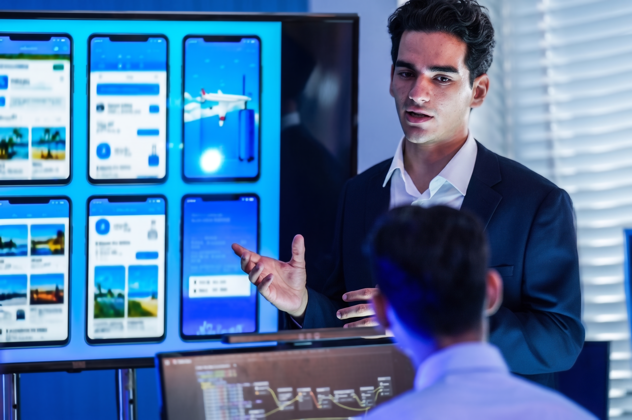 Smiling young businessman working online with digital tablet while standing by window.